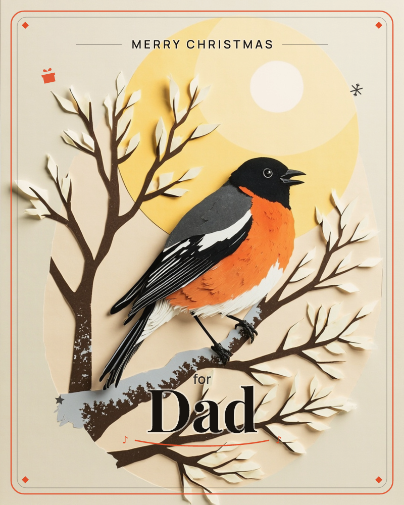 A layered paper-cut card shows an orange-breasted bird with a black head perched on a bare branch, beak open as if calling out, a christmas e-card design