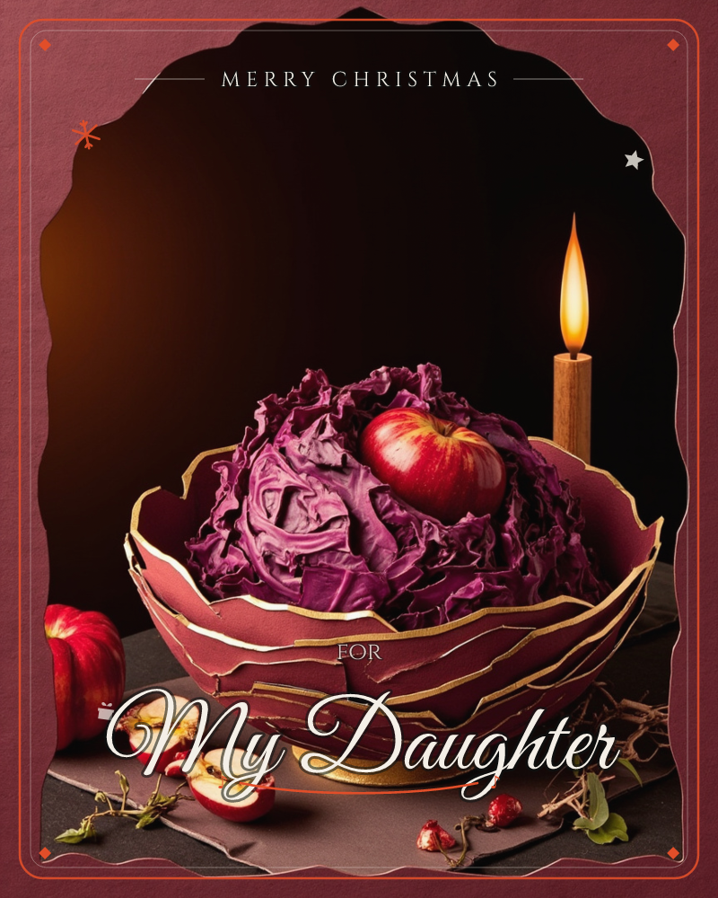 A scalloped, arched frame opens onto a moody still life: a gold-rimmed maroon bowl heaped with shredded purple cabbage and a whole red apple sits on a…, a christmas e-card design