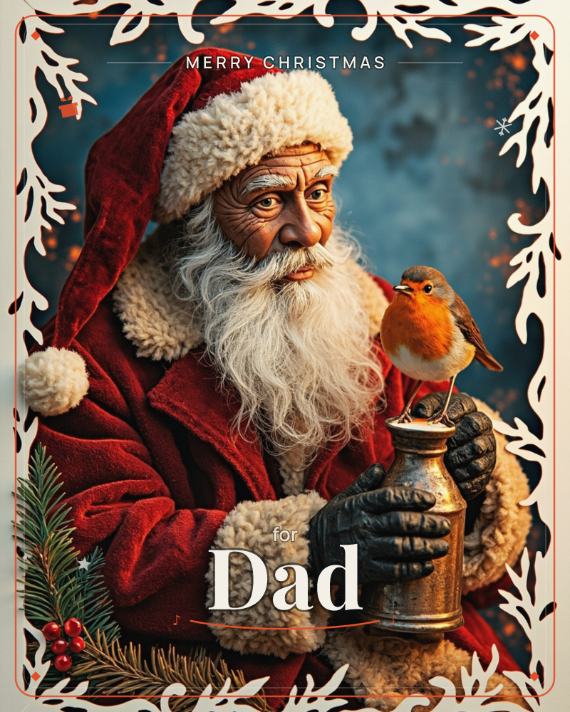 A weathered Santa in a plush red coat and cap gazes softly at a robin perched on an old brass lantern he holds in his gloved hands, a christmas e-card design