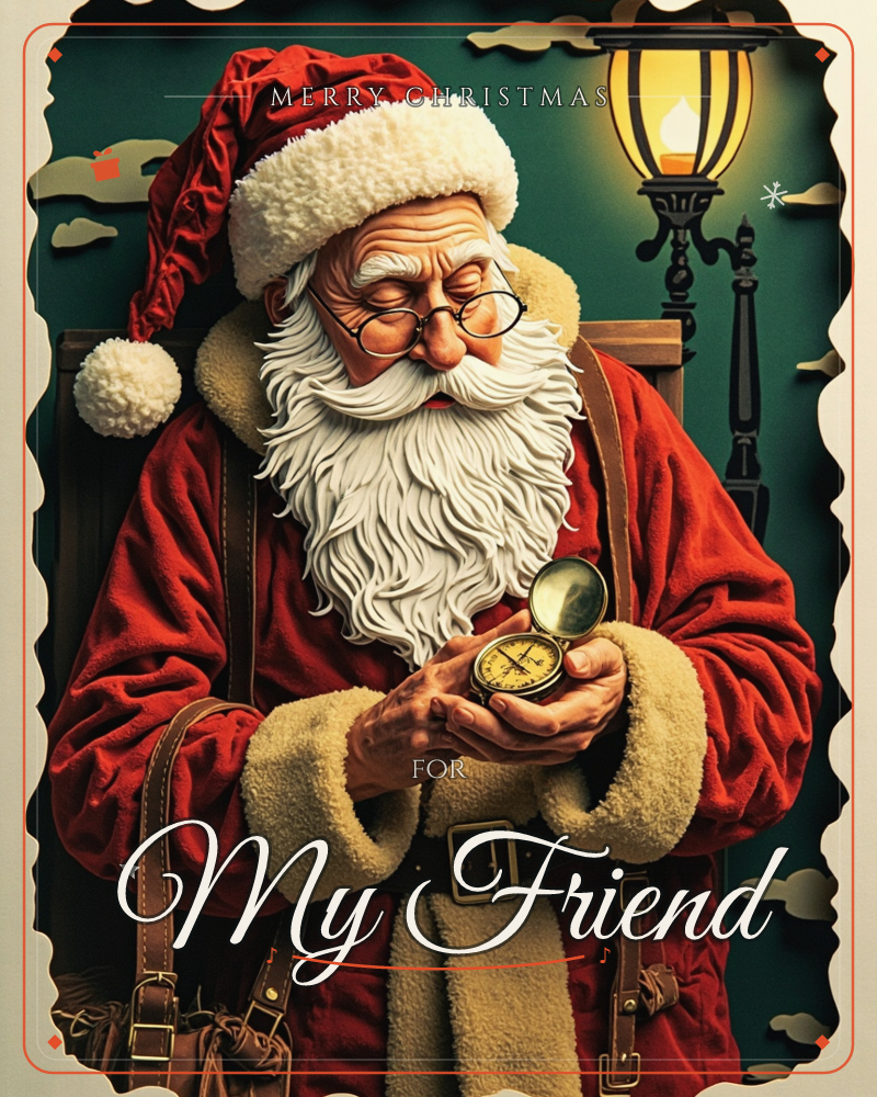 Santa stands beneath a glowing lantern against a deep teal night sky, pausing to check a gold pocket watch through his round spectacles, a christmas e-card design