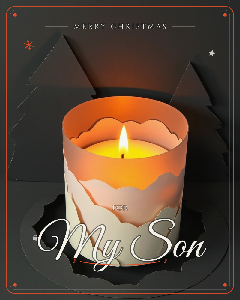 A lit candle glows inside a paper cylinder cut with layered snowy peaks, its flame throwing warm orange light up the curved walls, a christmas e-card design