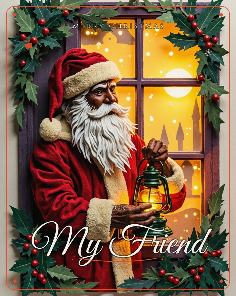 A richly detailed carving-style illustration shows Santa Claus in profile, holding up a glowing green lantern beside a paned window framed with holly…, a christmas e-card design