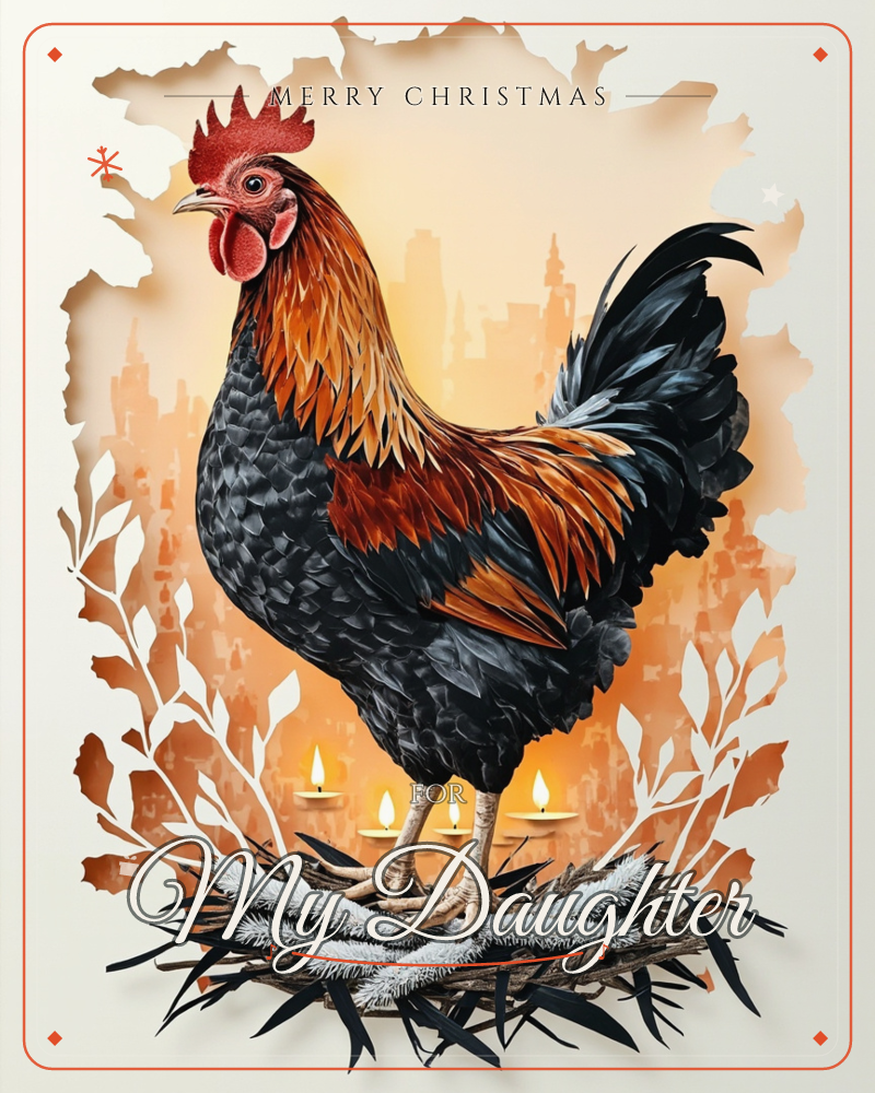 A proud rooster with a fiery orange-and-black plumage stands atop a frost-dusted nest of twigs, framed by a torn-paper edge that reveals a glowing…, a christmas e-card design