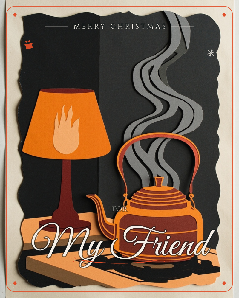 A layered paper-cut illustration shows a cosy kitchen corner at night, with a burgundy lamp glowing beside a steaming copper kettle on a dark stovetop, a christmas e-card design