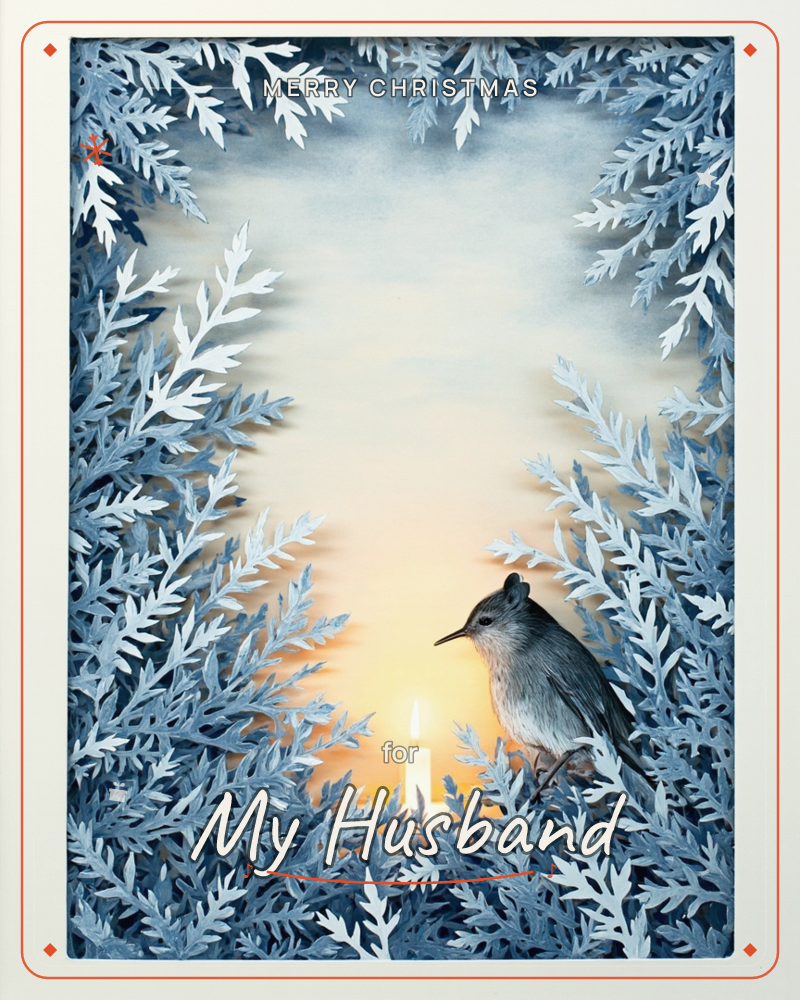 A layered paper-cut illustration shows frosted blue-grey pine branches framing a glowing amber candle flame, with a small grey bird perched beside it, a christmas e-card design