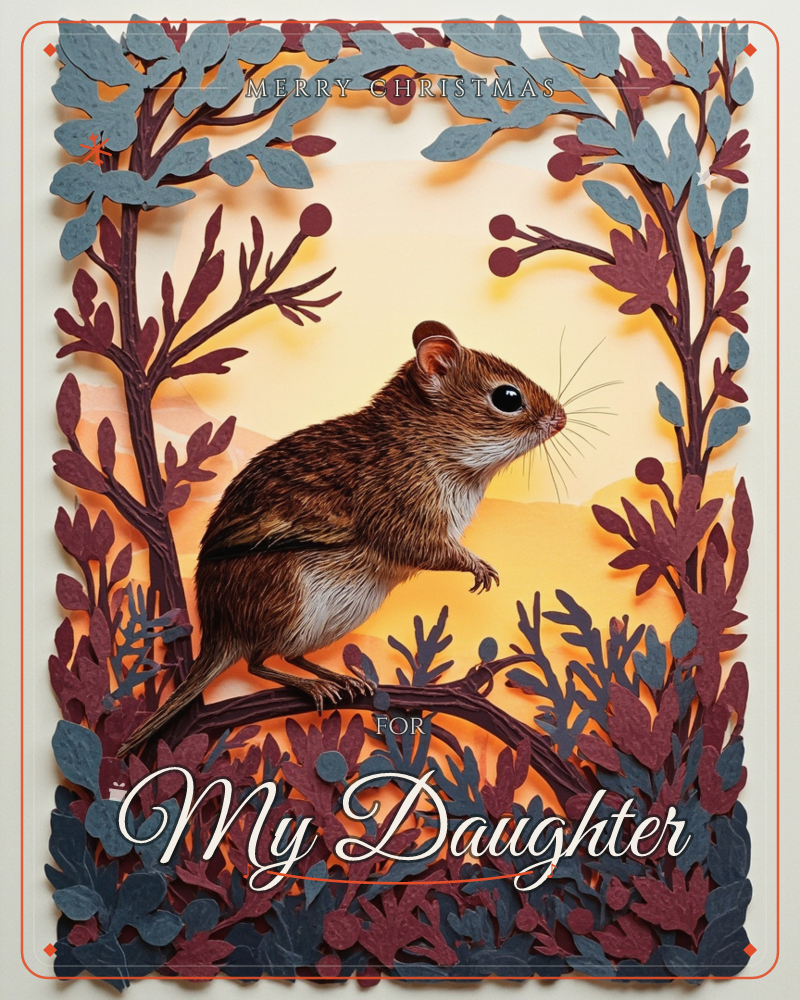 A layered paper-cut illustration shows a small brown mouse perched on a branch, its whiskers and ears rendered in fine detail against a glowing amber…, a christmas e-card design