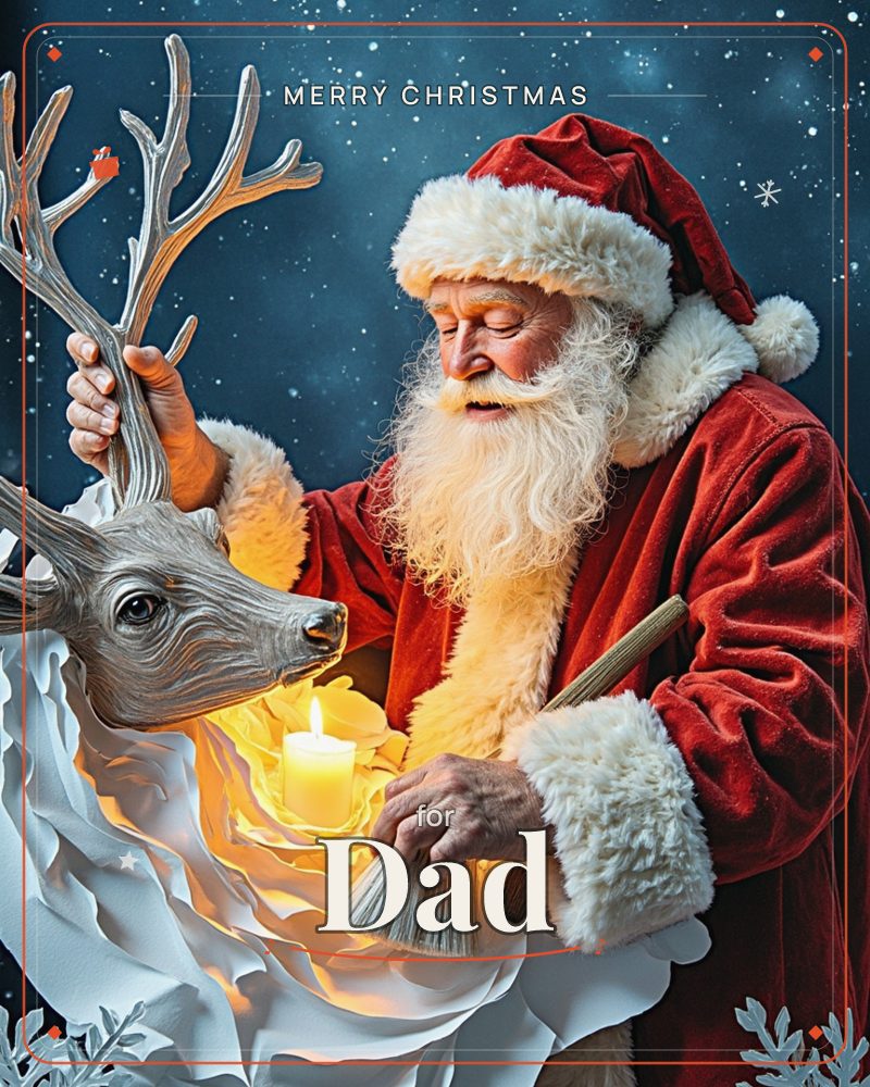 Santa Claus, in a red fur-trimmed suit, gently rests a hand on the antlers of a pale wooden reindeer figure while a lit candle glows between them amid…, a christmas e-card design