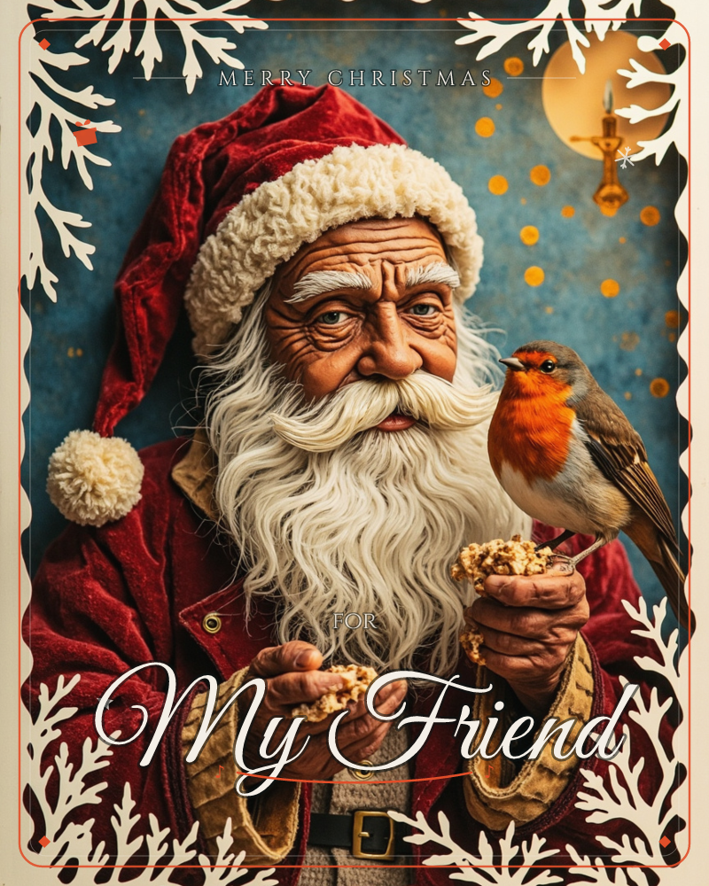 A weathered Santa in a plush red coat and cream-trimmed hat cups crumbs of bread in his hands, feeding a robin perched calmly on his fingers, a christmas e-card design