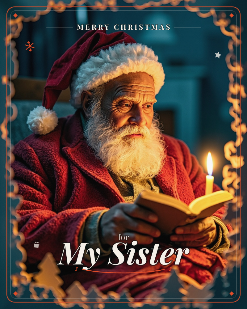 A man dressed as Santa, with a full white beard and red hat, sits reading a small book by candlelight, framed by a glowing string-light border with…, a christmas e-card design