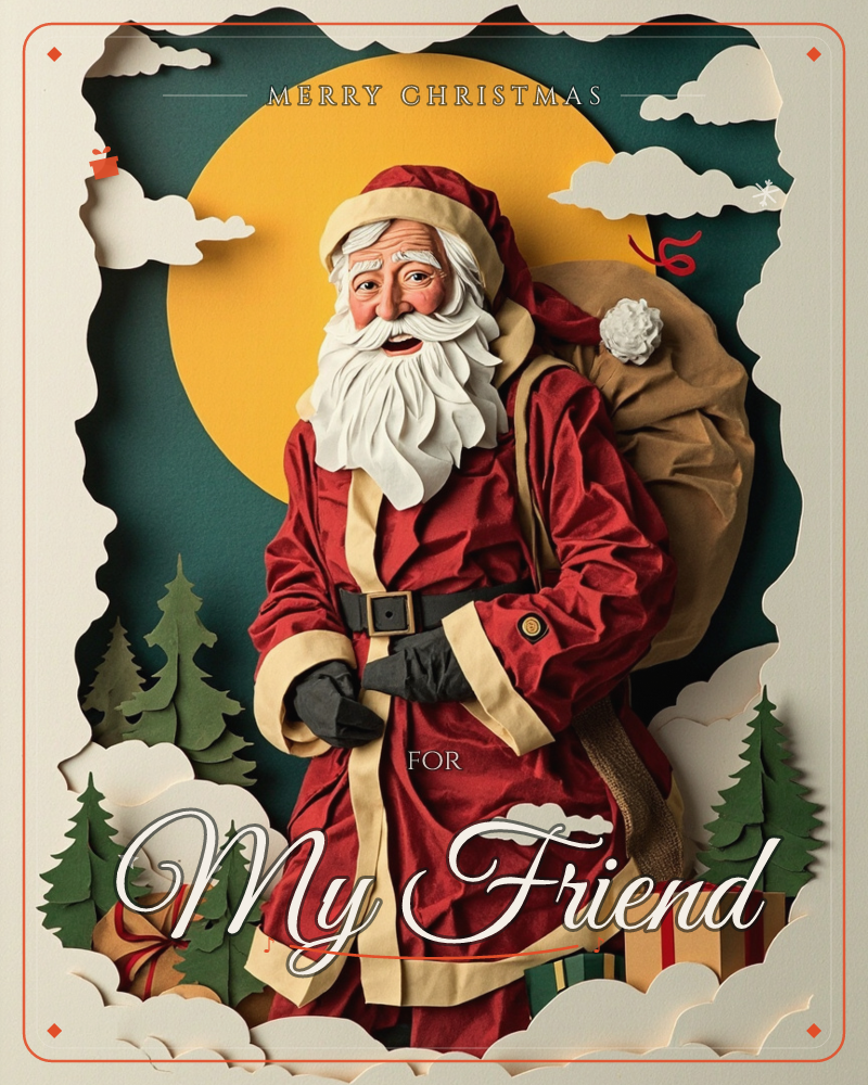 A layered paper-cut illustration frames a jolly Santa carrying a full sack over his shoulder, standing before a giant golden moon and teal night sky, a christmas e-card design