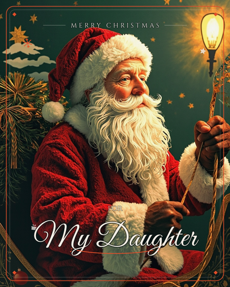 Santa Claus sits bundled in his red fur-trimmed coat and cap, holding the reins of his sleigh as a lone lamppost glows beside him against a deep green…, a christmas e-card design