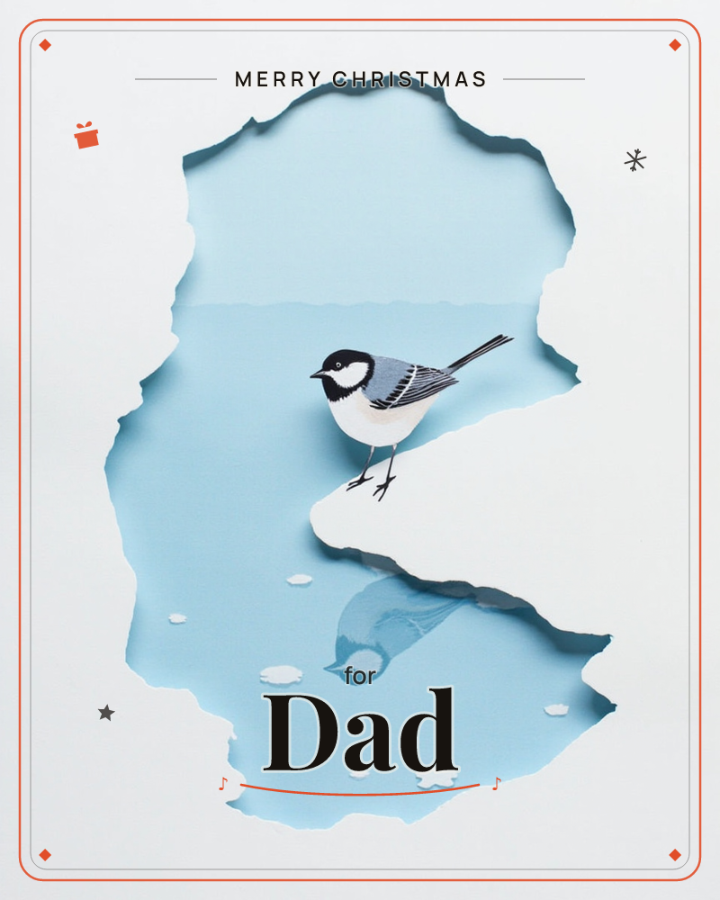 A torn opening in white paper reveals a pale blue layer beneath, shaped like a jagged coastline, a christmas e-card design