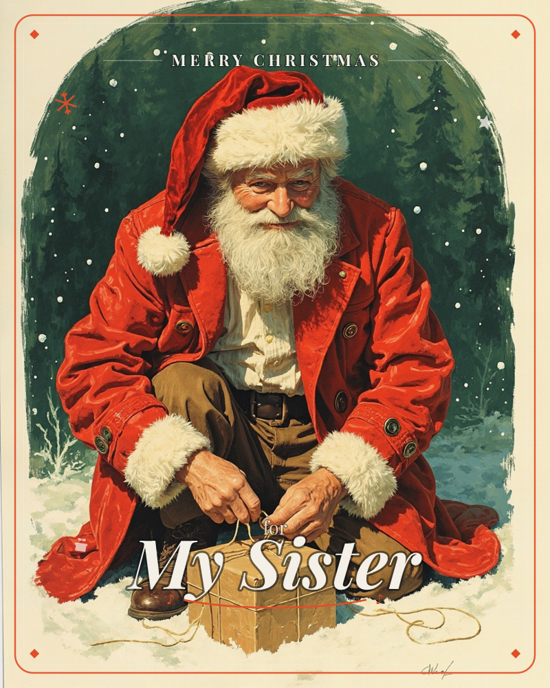 Santa kneels in the snow beneath a dark arch of pine trees, carefully tying string around a plain brown paper parcel, a christmas e-card design