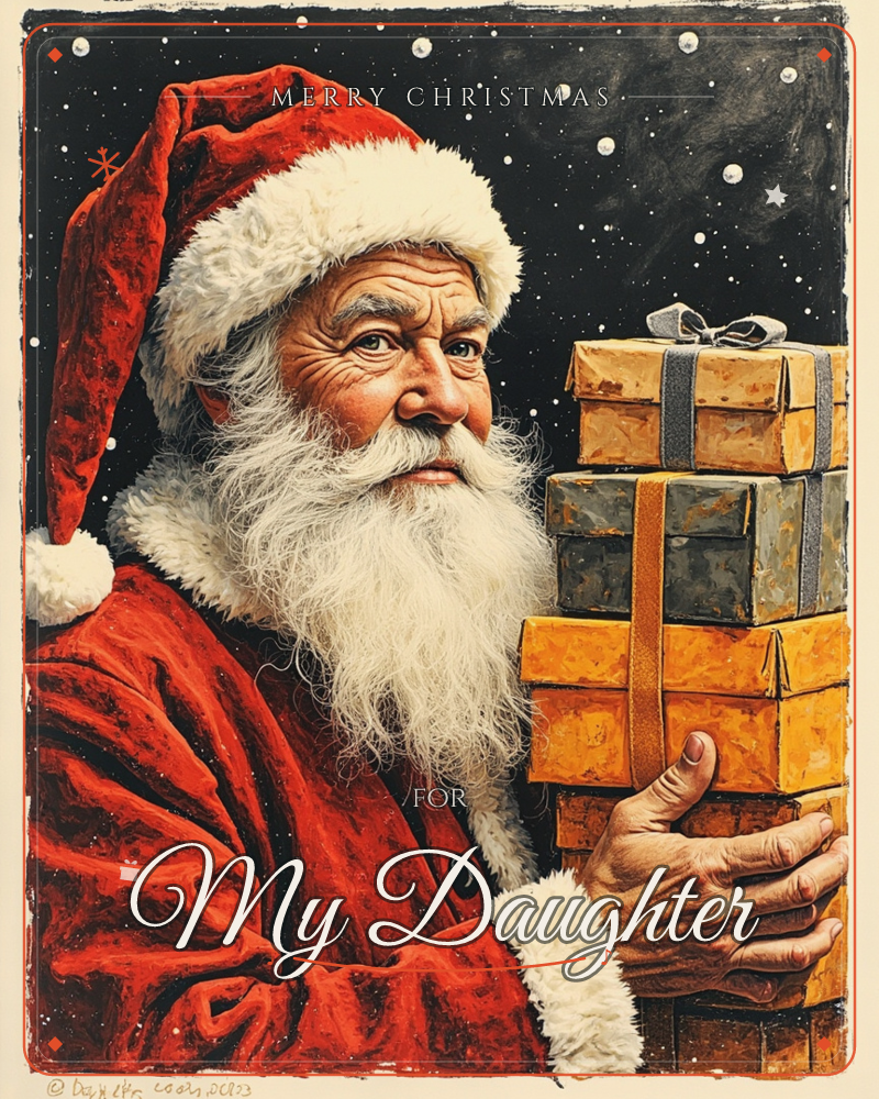 A close-up painted portrait of Santa Claus in his red hat and fur-trimmed coat, cradling a tall stack of wrapped gold and grey presents against a dark…, a christmas e-card design