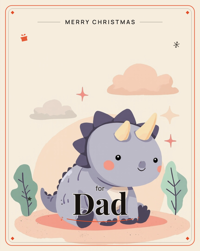A round, purple-grey triceratops sits with a happy blushing smile against a cream backdrop, its little horns and back spikes softened into gentle curves, a christmas e-card design