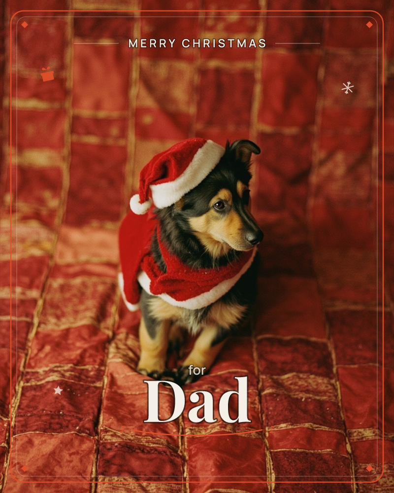 A small black-and-tan dog sits on a rich red patchwork fabric, dressed in a tiny Santa hat and red-and-white trimmed cape, a christmas e-card design