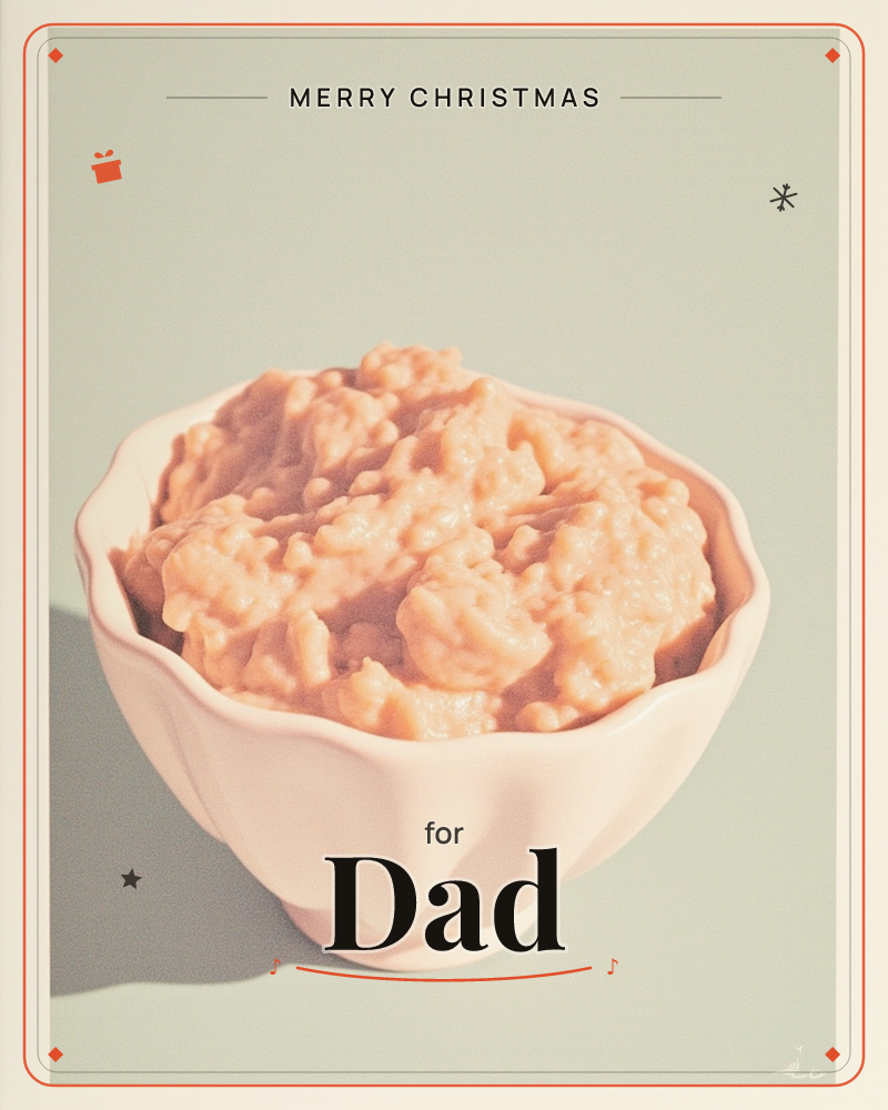 A scalloped pale pink bowl sits centred against a flat sage-green background, filled with a mounded, textured orange-peach mixture that catches soft…, a christmas e-card design