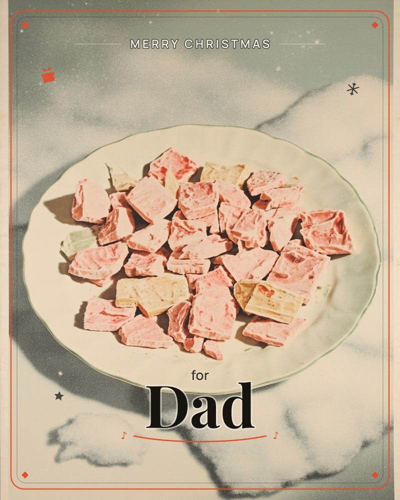 A white scalloped-edge plate is piled with broken pieces of pink and cream marbled fudge or nougat, photographed against a dreamy backdrop of clouds…, a christmas e-card design