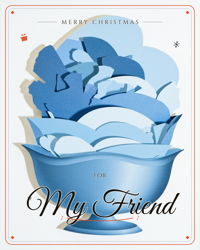 A footed glass-like bowl overflows with layered, torn-paper shapes suggesting ruffled leaves or petals, all rendered in shades of blue on a plain white…, a christmas e-card design
