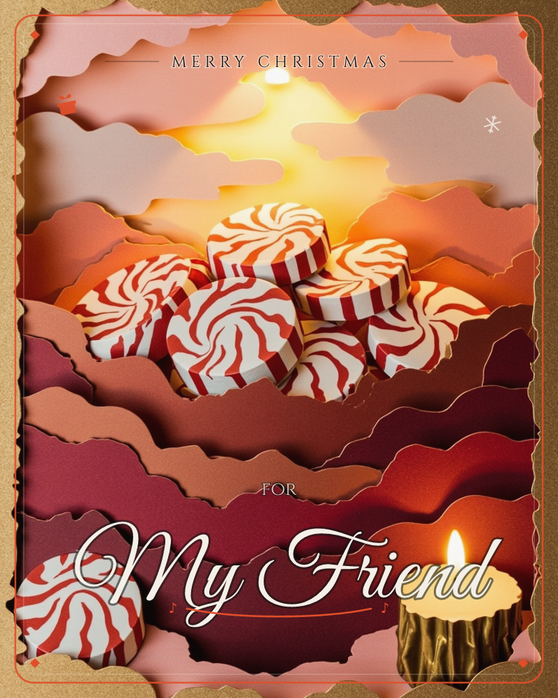 A layered paper-cut landscape glows with a sunset built from torn strips of pink, coral and deep maroon, a golden sun hanging low behind soft clouds, a christmas e-card design