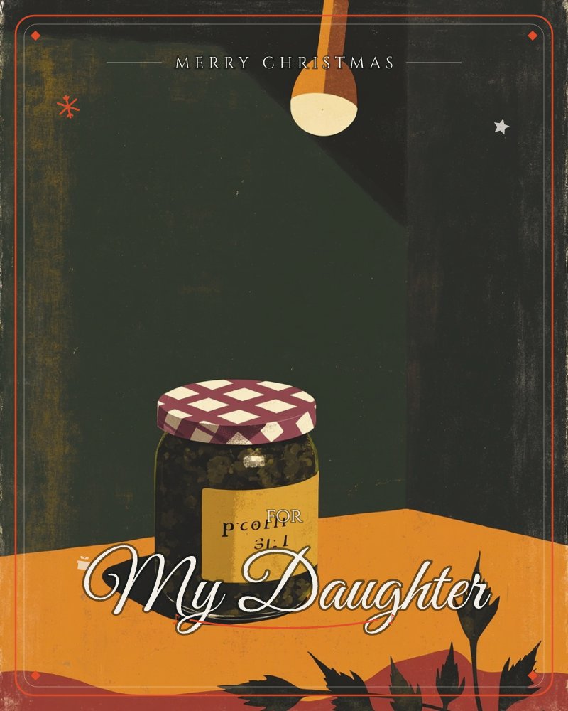 A single jar of pickles sits on a mustard-orange tabletop, its checked burgundy-and-cream lid catching light from a bare pendant bulb above, a christmas e-card design
