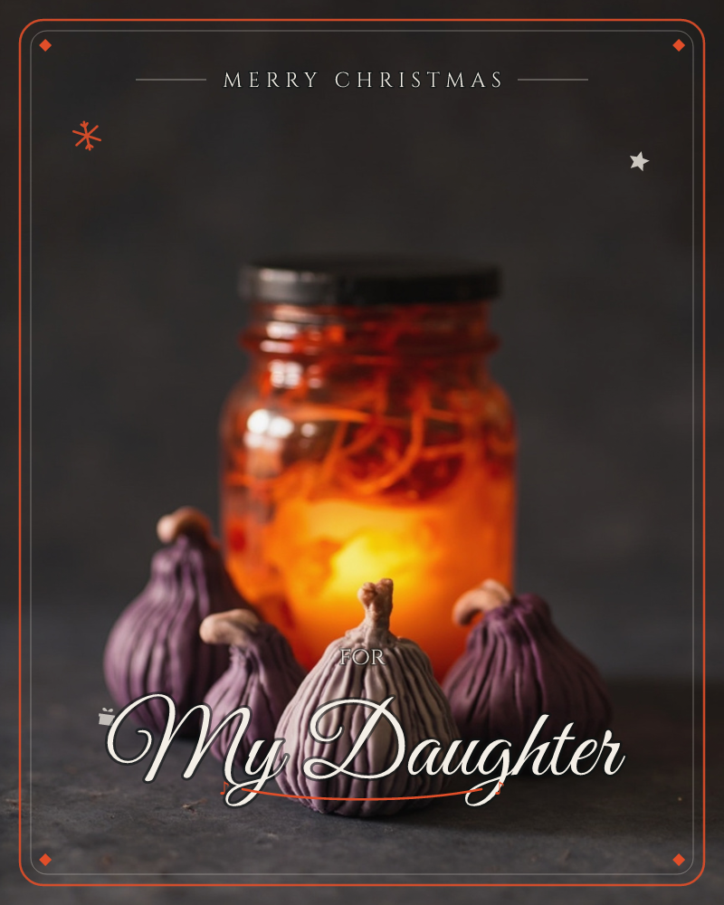A dark, moody still life of four ripe purple figs arranged on a stone surface, glowing amber light spilling from a glass jar behind them, a christmas e-card design