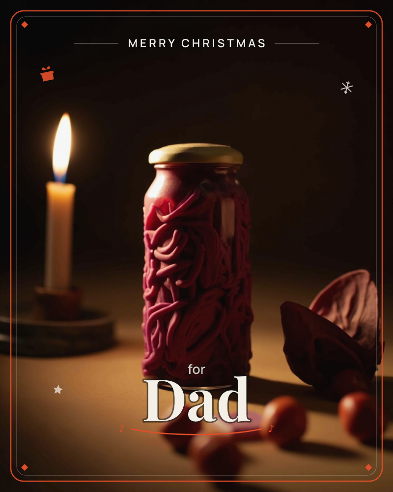 A single lit candle stands beside a glass jar packed with deep magenta pickled beets or gnarled roots, their shapes coiling against the glass, a christmas e-card design