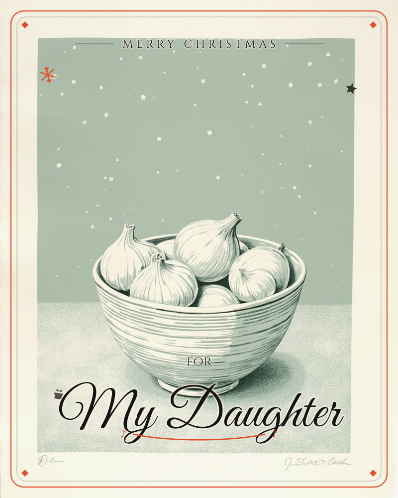 A ridged ceramic bowl sits piled with plump garlic bulbs, rendered in fine linework against a sage-green backdrop scattered with tiny star-like flecks, a christmas e-card design