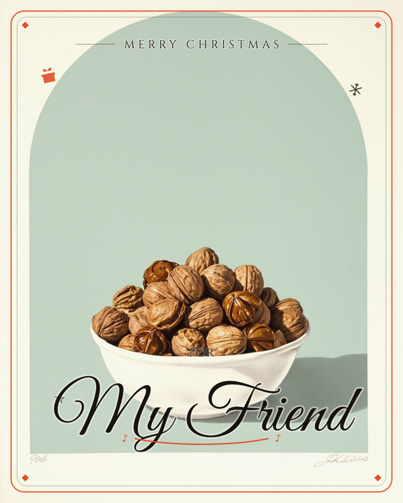 A white ceramic bowl sits piled high with whole walnuts in their brown shells, painted with careful shading and a soft cast shadow, a christmas e-card design