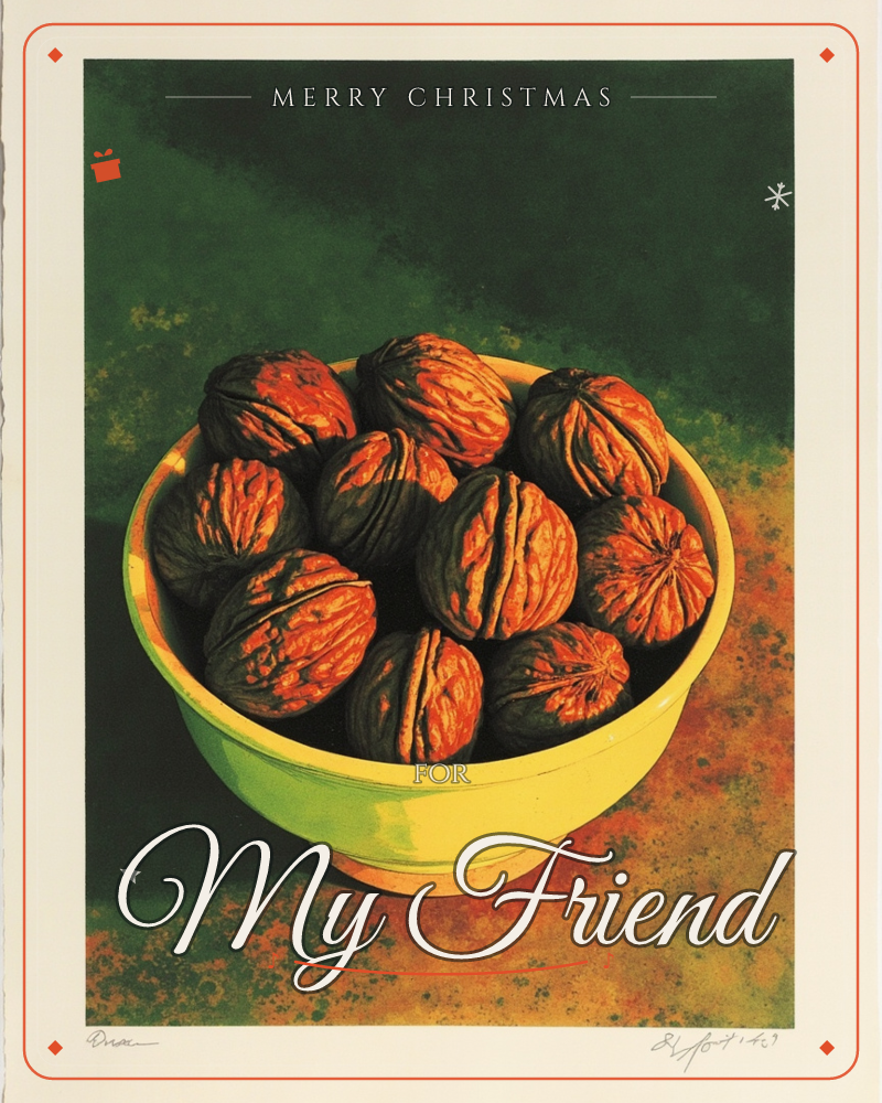 A yellow ceramic bowl sits piled high with whole walnuts, their ridged shells rendered in deep browns and burnt orange under a warm, directional light, a christmas e-card design
