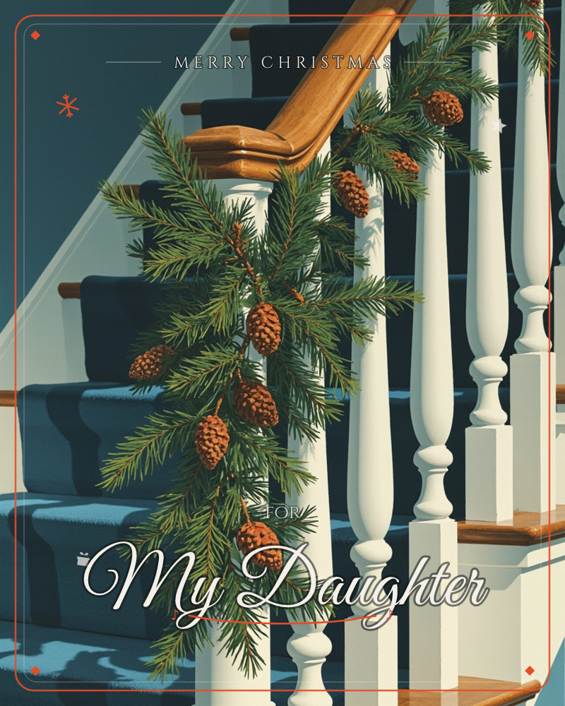 A staircase banister is dressed with a pine garland studded with pinecones, winding down the white spindles beside a blue-carpeted stair runner, a christmas e-card design