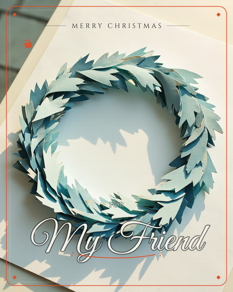 A wreath built from layered paper leaves in shades of teal and dusty blue sits on a cream card, photographed in strong sunlight that throws sharp…, a christmas e-card design