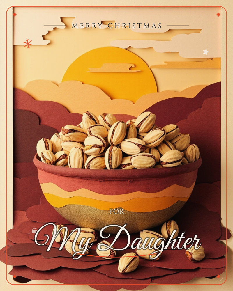 A layered paper-cut illustration shows a bowl heaped with pistachios sitting against a desert-toned sunset of cut clouds and a round golden sun, a christmas e-card design