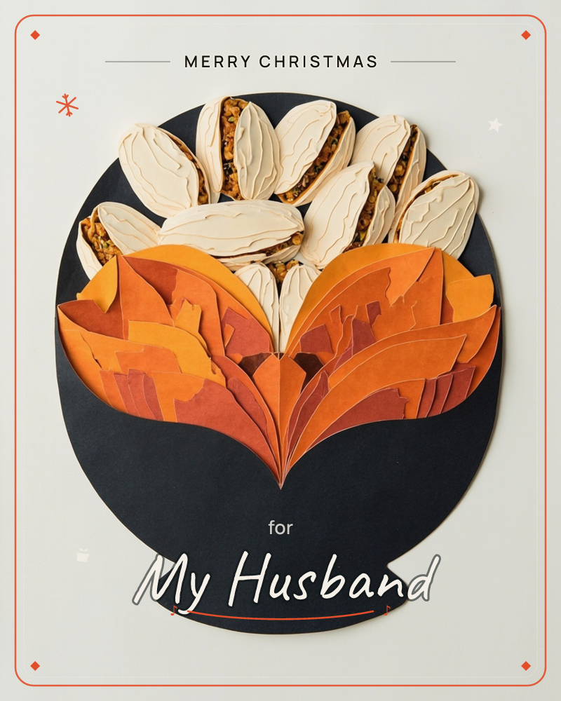 A paper-craft illustration shows a dark bowl or urn overflowing with layered orange paper fronds and a cluster of cream-coloured shells filled with a…, a christmas e-card design