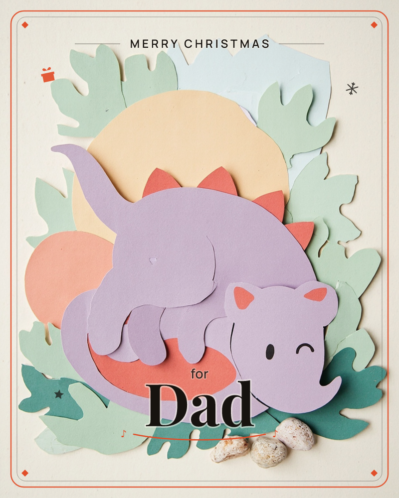 A cheerful purple dinosaur made from cut paper winks against a backdrop of layered paper leaves and a soft yellow sun, a christmas e-card design