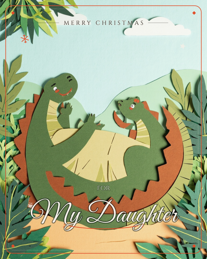 A layered paper-craft scene shows a big smiling dinosaur curling its long spiny tail protectively around a smaller dinosaur, both with cream bellies…, a christmas e-card design