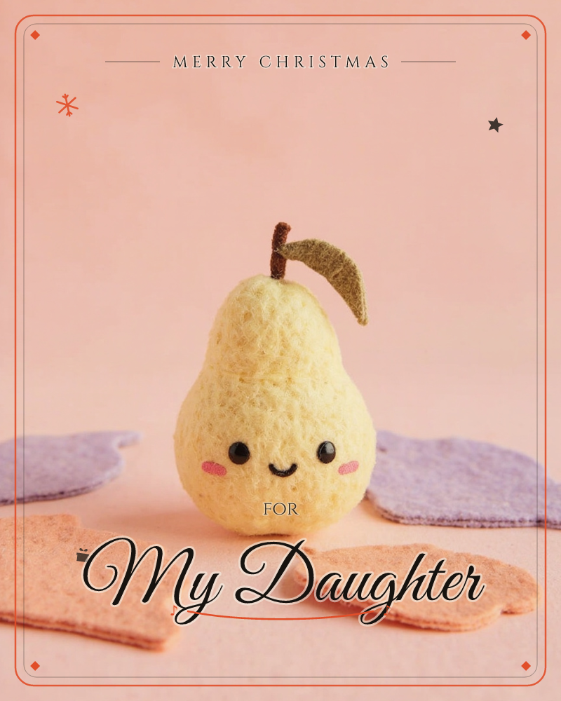 A felted wool pear with a smiling face and rosy cheeks stands upright on a soft pink background, its little brown stem topped with a single felt leaf, a christmas e-card design