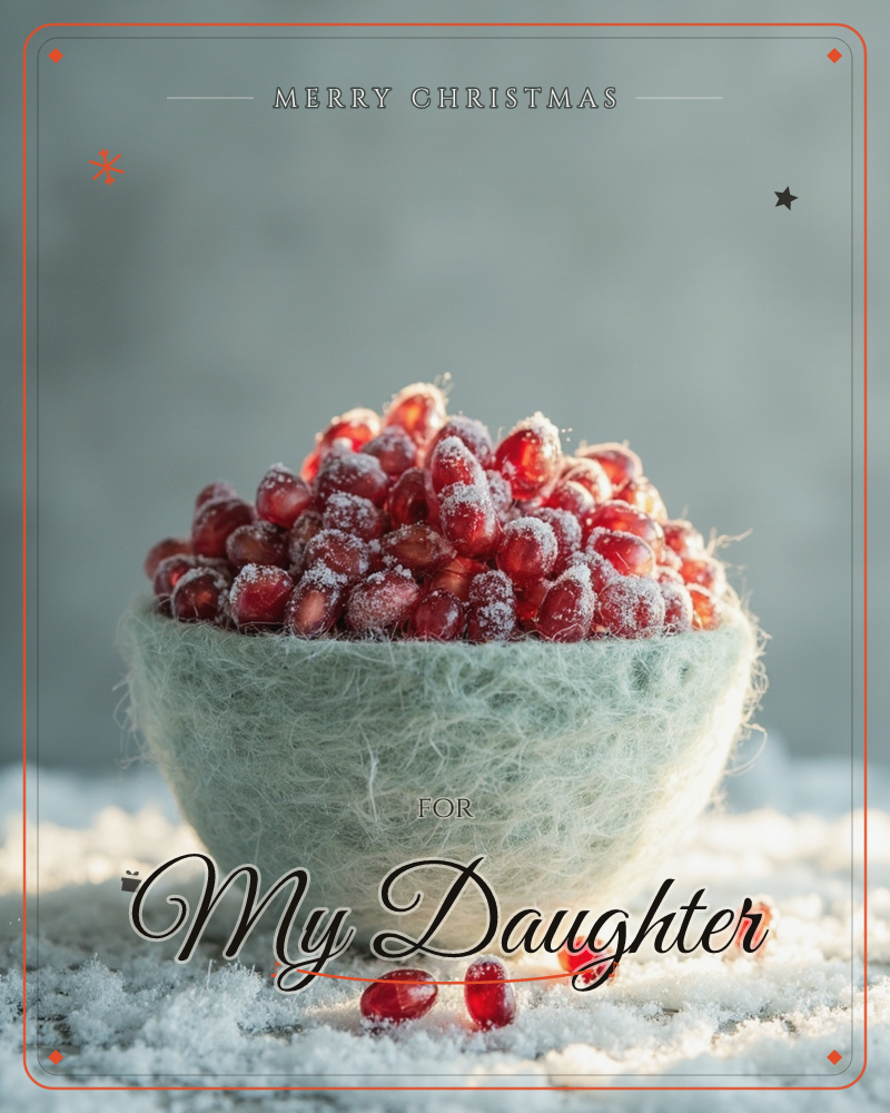 A soft felted bowl in pale sage green sits piled high with frosted pomegranate seeds, their ruby red glistening under a dusting of sugary frost, a christmas e-card design