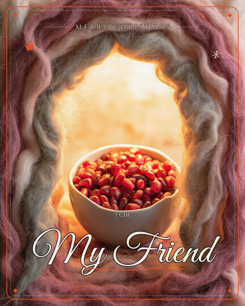 A small white bowl brimming with glossy pomegranate seeds sits at the centre of a soft archway spun from twisted wool in dusty pink and sage grey, a christmas e-card design