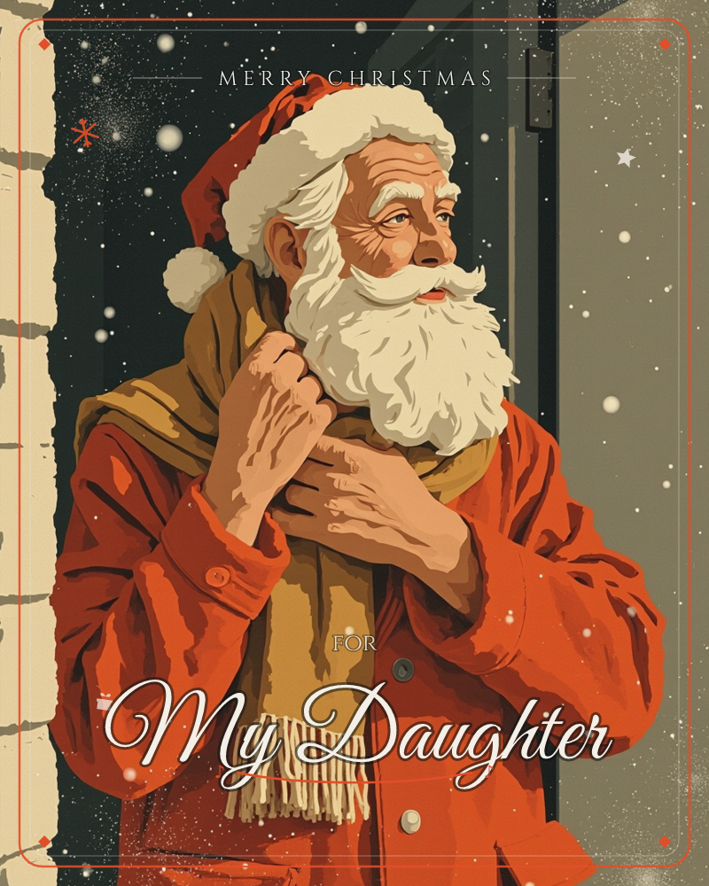 A weathered Santa stands in a doorway at night, wrapped in a mustard scarf and red coat, clutching the fabric close as snow drifts past him, a christmas e-card design