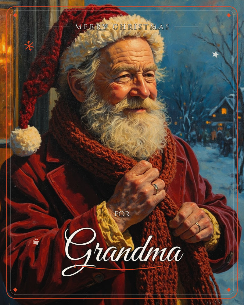 A man dressed as Santa stands in a lit doorway, adjusting his knitted scarf against the cold, his red coat glowing warm beside the blue winter night…, a christmas e-card design