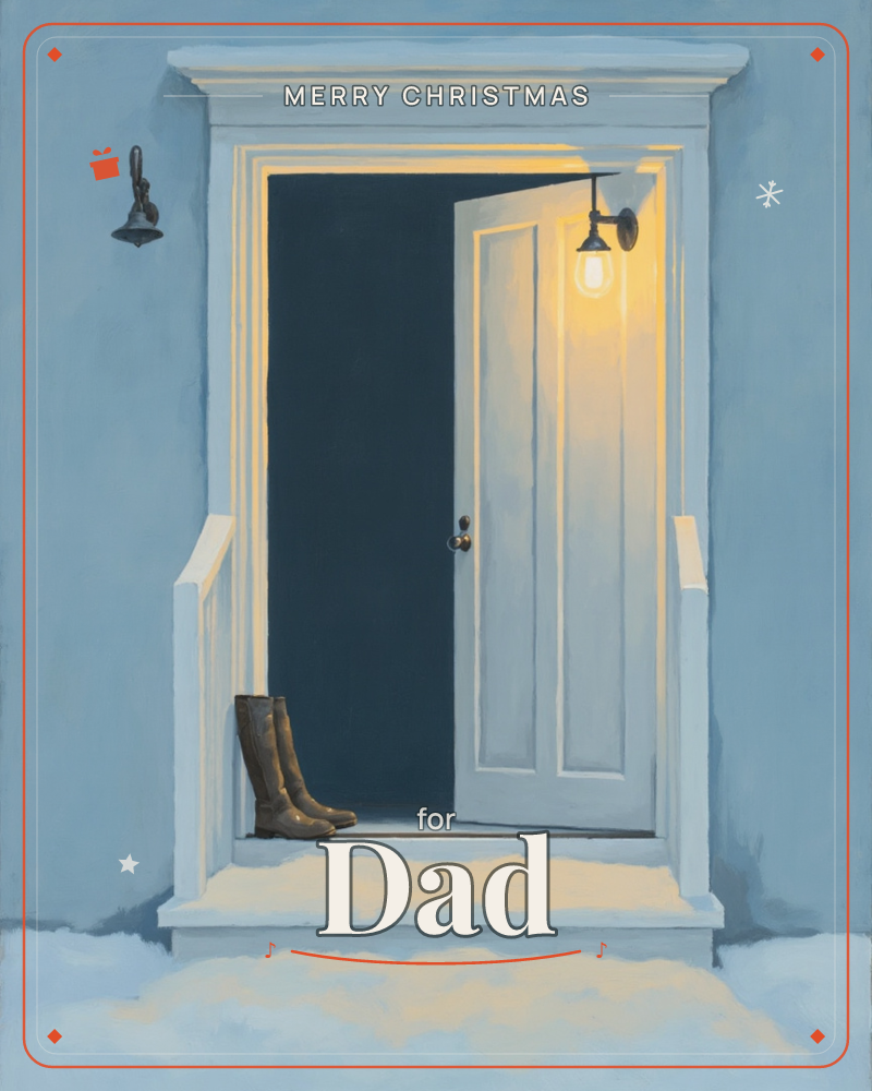 A white front door stands open against a pale blue house, spilling warm lamplight onto a snowy porch, a christmas e-card design