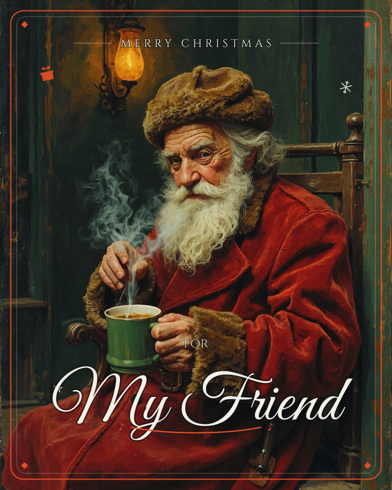 An old man with a long white beard sits in a worn wooden chair on a shadowy porch, wrapped in a fur-trimmed red velvet coat and cap, cradling a…, a christmas e-card design