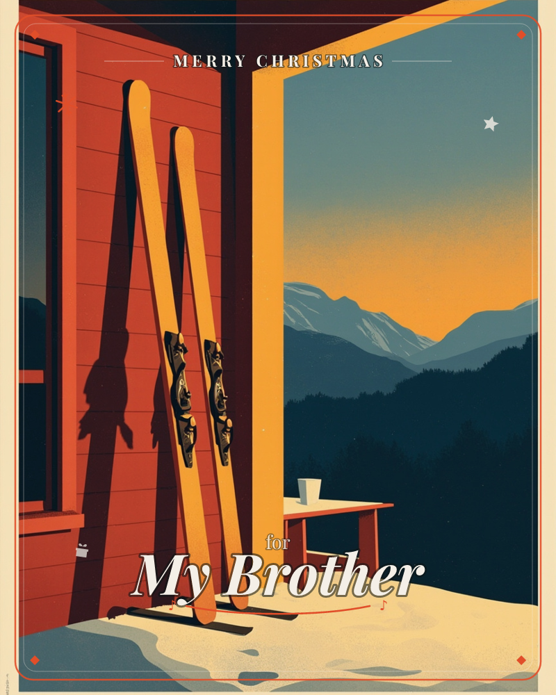 A pair of yellow skis leans against a red mountain cabin, their bindings catching the last light as an open doorway glows orange into a dusky range of…, a christmas e-card design