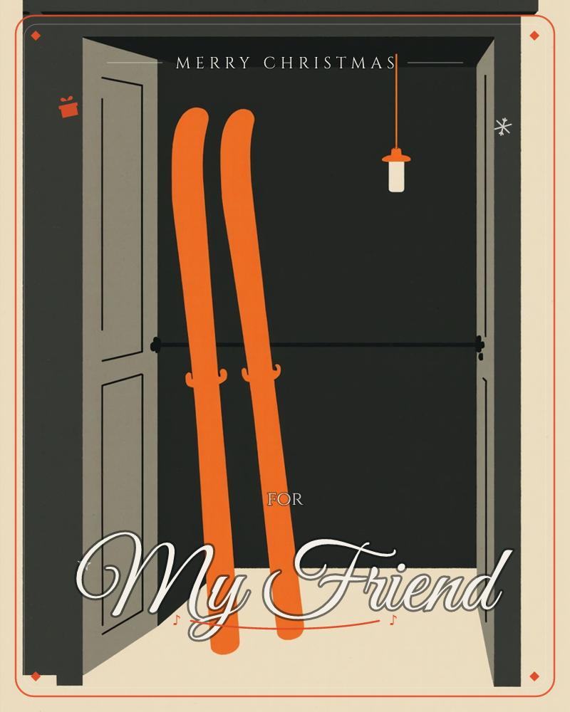 A pair of bright orange skis leans inside a dark open closet, its doors swung wide against a cream-colored wall, a christmas e-card design