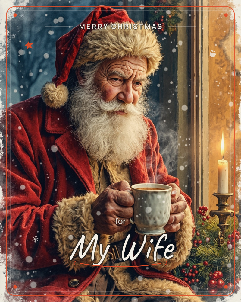A weathered figure in a fur-trimmed red coat and cap cradles a steaming mug beside a candlelit window, snow drifting past outside, a christmas e-card design