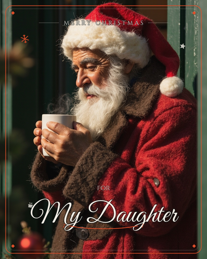 A man dressed as Santa stands in profile in a doorway, cradling a steaming mug close to his face with both hands, a christmas e-card design