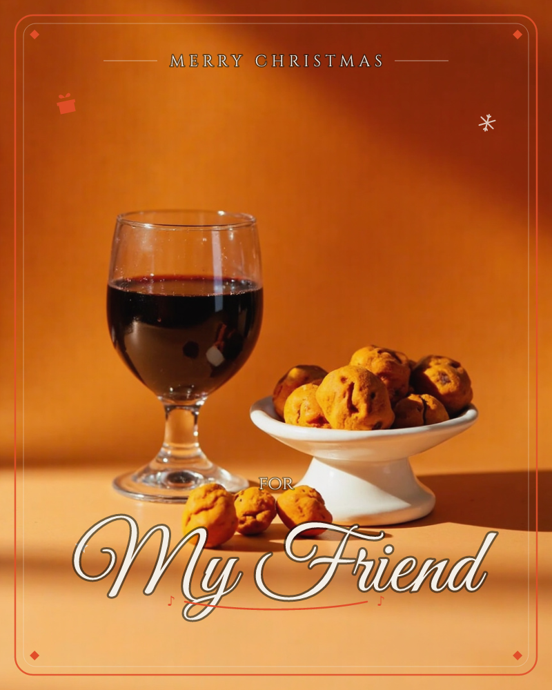 A glass of dark red wine stands beside a small white pedestal dish piled with golden fried snacks, all set against a warm burnt-orange backdrop, a christmas e-card design