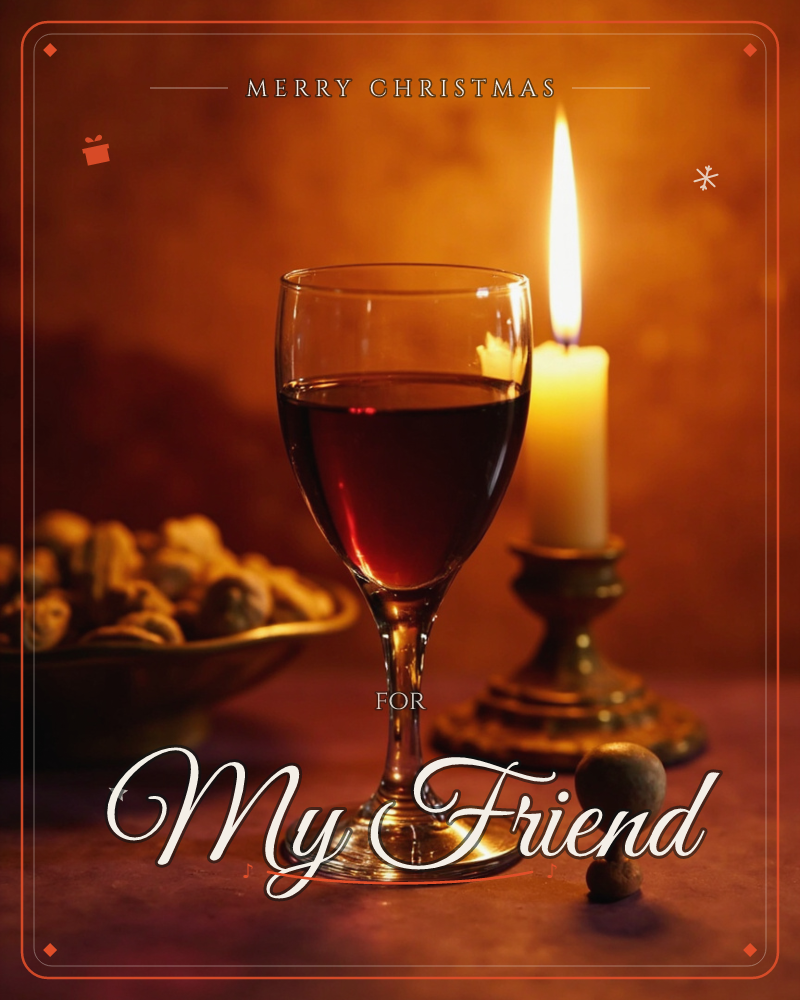 A close-up still life shows a glass of red wine glowing beside a lit candle in a dark metal holder, with a bowl of walnuts and a single nut resting…, a christmas e-card design