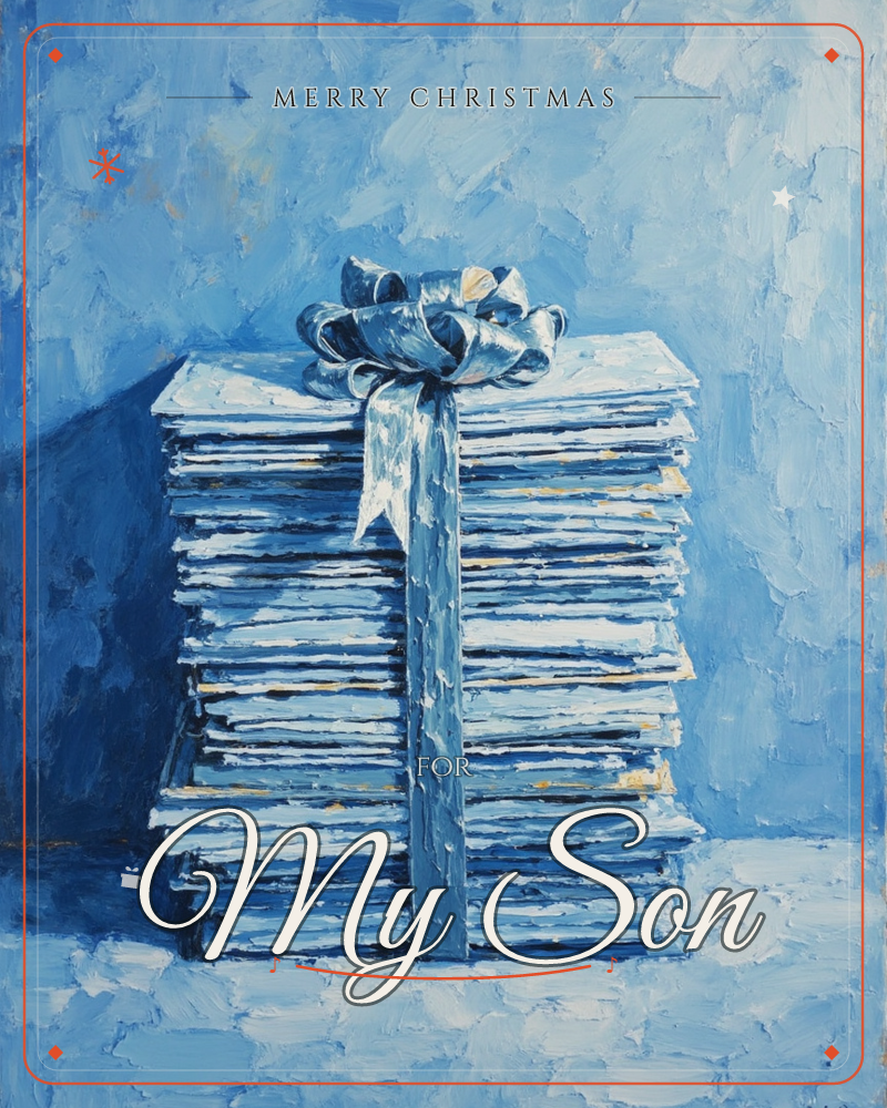 A thick stack of books or papers is painted entirely in shades of blue, tied together with a ribbon and bow as if it were a wrapped present, a christmas e-card design